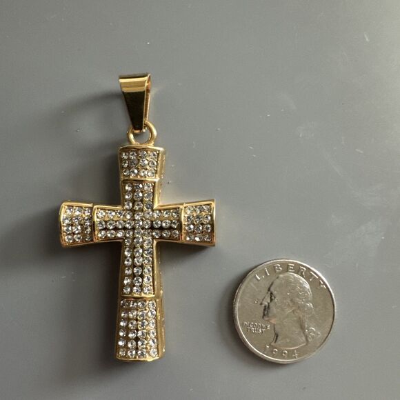 Cross Pendant Stainless Steel Cubic Zirconia 24” Chain Necklace Hip Hop Gold Men - Picture 3 of 6